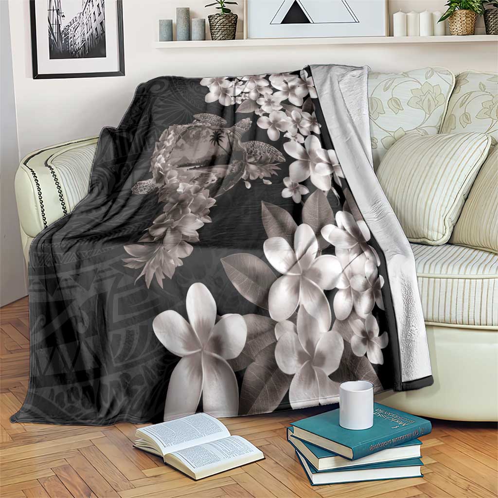 Hawaiian Lei Day Blanket Plumeria and Turtle with Polynesian Tribal Pattern Grayscale Color LT03 Black - Polynesian Pride