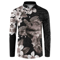 Hawaiian Lei Day Button Sweatshirt Plumeria and Turtle with Polynesian Tribal Pattern Grayscale Color LT03 Black - Polynesian Pride