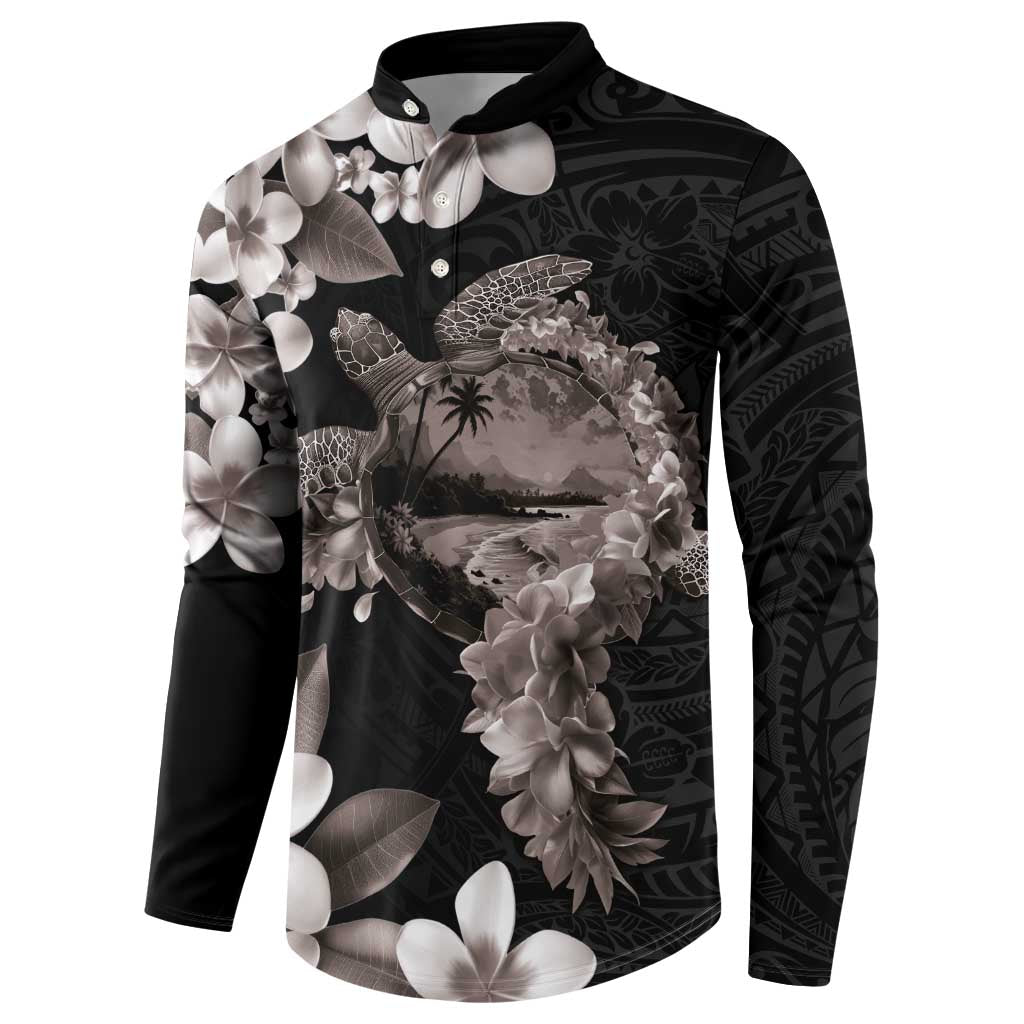 Hawaiian Lei Day Button Sweatshirt Plumeria and Turtle with Polynesian Tribal Pattern Grayscale Color LT03 - Polynesian Pride