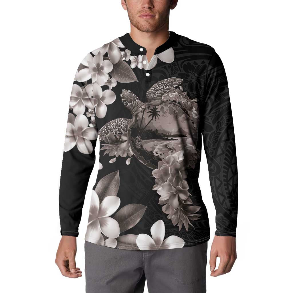 Hawaiian Lei Day Button Sweatshirt Plumeria and Turtle with Polynesian Tribal Pattern Grayscale Color LT03 - Polynesian Pride