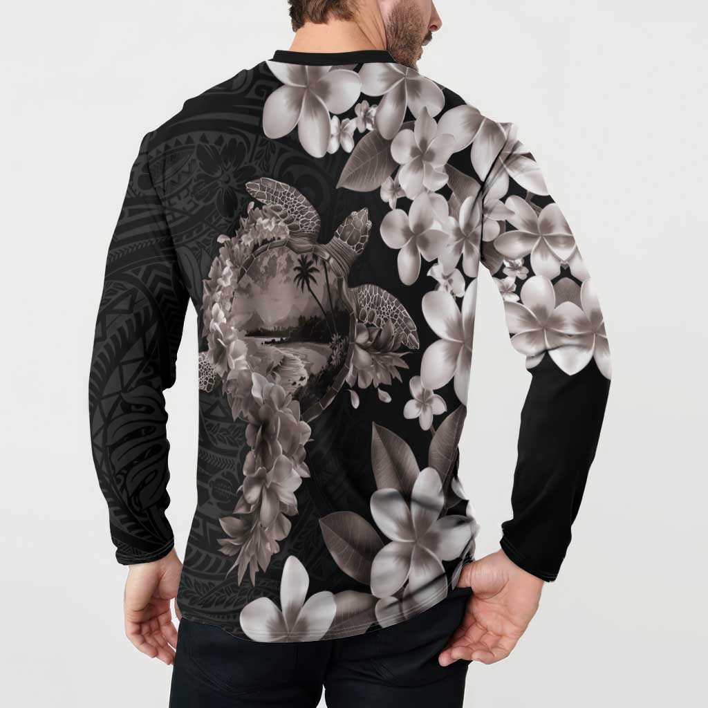 Hawaiian Lei Day Button Sweatshirt Plumeria and Turtle with Polynesian Tribal Pattern Grayscale Color LT03 - Polynesian Pride