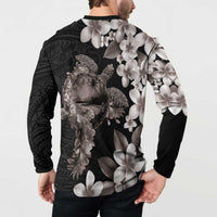 Hawaiian Lei Day Button Sweatshirt Plumeria and Turtle with Polynesian Tribal Pattern Grayscale Color LT03 - Polynesian Pride