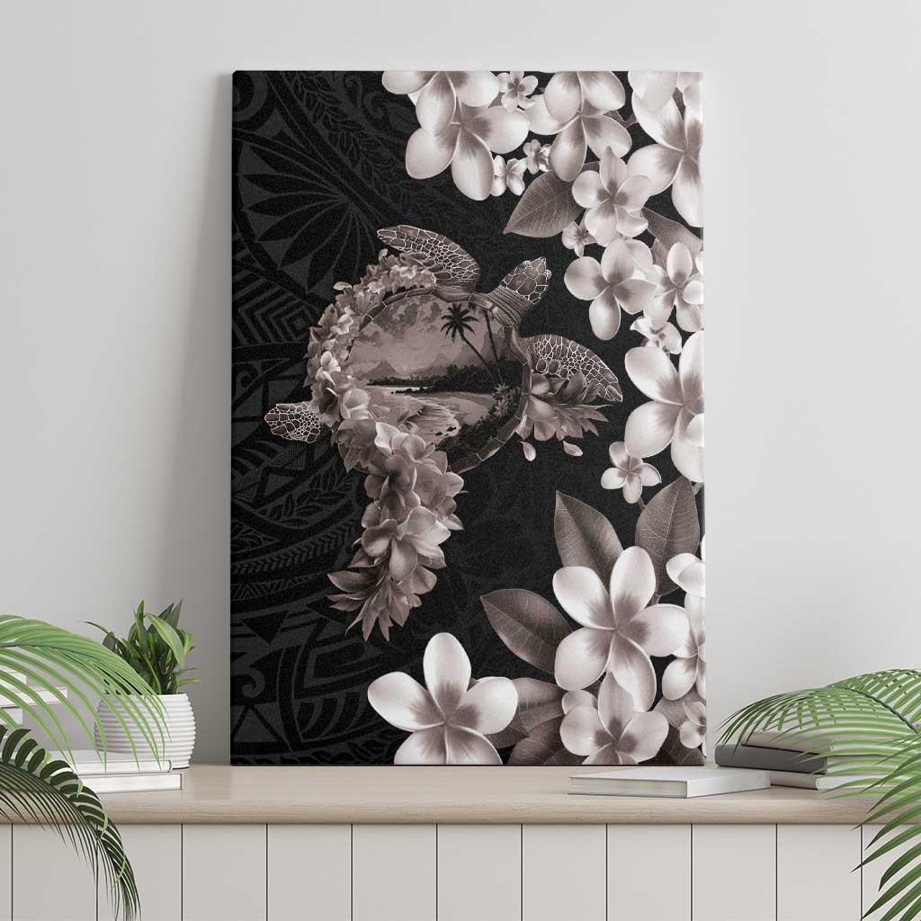 Hawaiian Lei Day Canvas Wall Art Plumeria and Turtle with Polynesian Tribal Pattern Grayscale Color LT03 - Polynesian Pride