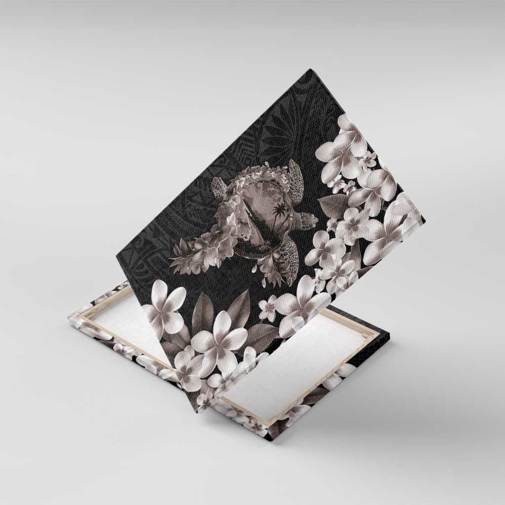 Hawaiian Lei Day Canvas Wall Art Plumeria and Turtle with Polynesian Tribal Pattern Grayscale Color LT03 With Frame Black - Polynesian Pride