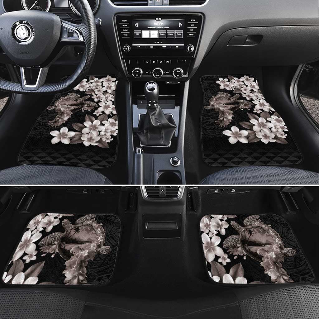 Hawaiian Lei Day Car Mats Plumeria and Turtle with Polynesian Tribal Pattern Grayscale Color