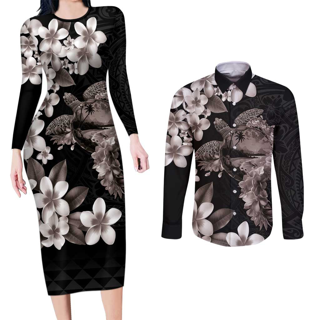 Hawaiian Lei Day Couples Matching Long Sleeve Bodycon Dress and Long Sleeve Button Shirt Plumeria and Turtle with Polynesian Tribal Pattern Grayscale Color LT03 Black - Polynesian Pride