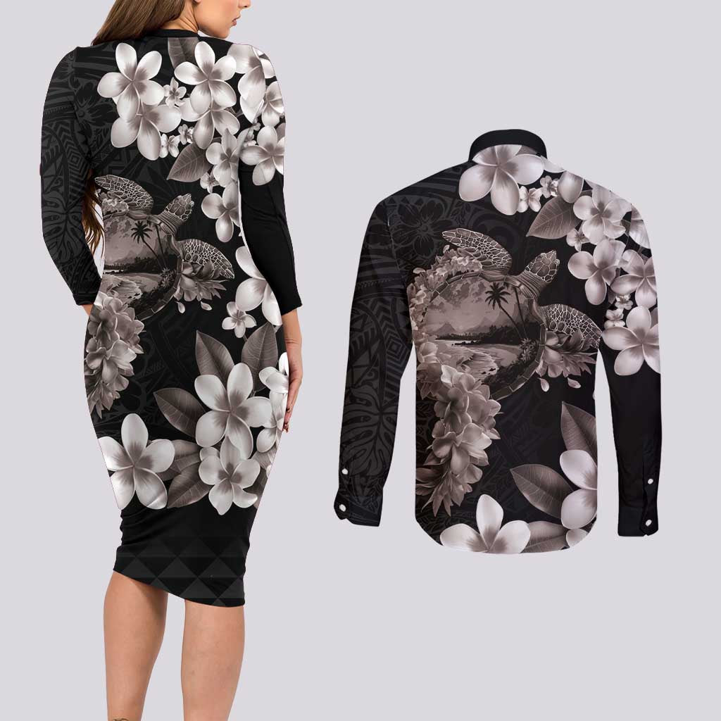 Hawaiian Lei Day Couples Matching Long Sleeve Bodycon Dress and Long Sleeve Button Shirt Plumeria and Turtle with Polynesian Tribal Pattern Grayscale Color