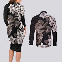 Hawaiian Lei Day Couples Matching Long Sleeve Bodycon Dress and Long Sleeve Button Shirt Plumeria and Turtle with Polynesian Tribal Pattern Grayscale Color