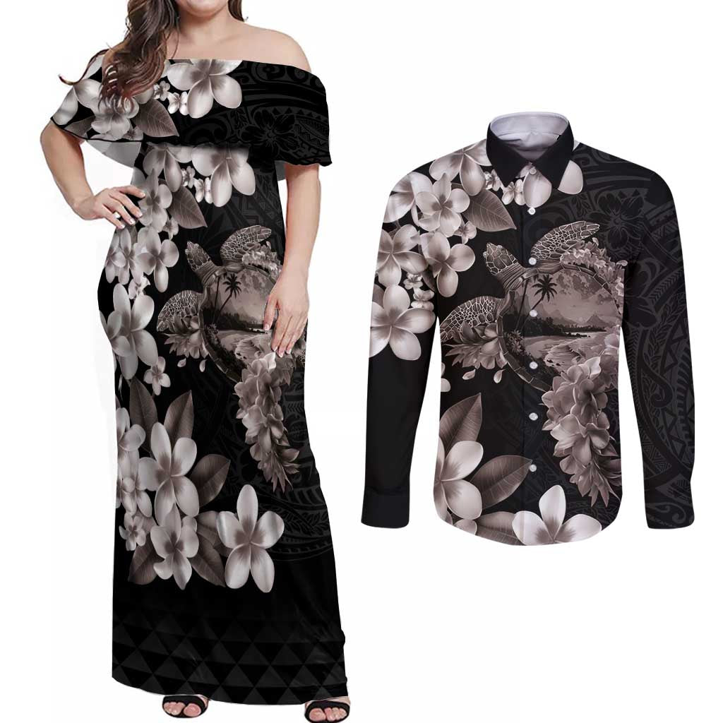 Hawaiian Lei Day Couples Matching Off Shoulder Maxi Dress and Long Sleeve Button Shirt Plumeria and Turtle with Polynesian Tribal Pattern Grayscale Color LT03 Black - Polynesian Pride