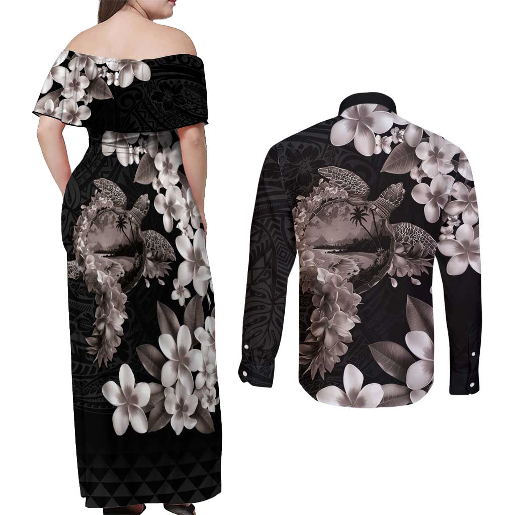 Hawaiian Lei Day Couples Matching Off Shoulder Maxi Dress and Long Sleeve Button Shirt Plumeria and Turtle with Polynesian Tribal Pattern Grayscale Color LT03 - Polynesian Pride