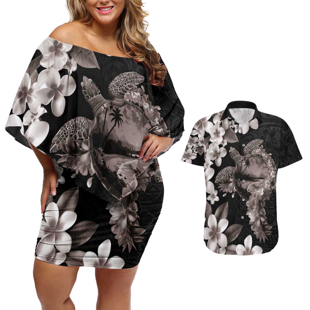 Hawaiian Lei Day Couples Matching Off Shoulder Short Dress and Hawaiian Shirt Plumeria and Turtle with Polynesian Tribal Pattern Grayscale Color LT03 Black - Polynesian Pride