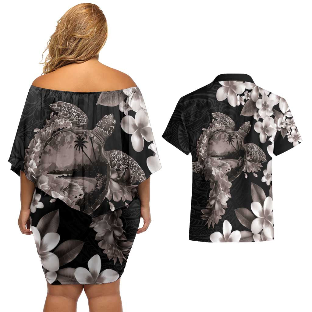 Hawaiian Lei Day Couples Matching Off Shoulder Short Dress and Hawaiian Shirt Plumeria and Turtle with Polynesian Tribal Pattern Grayscale Color LT03 - Polynesian Pride