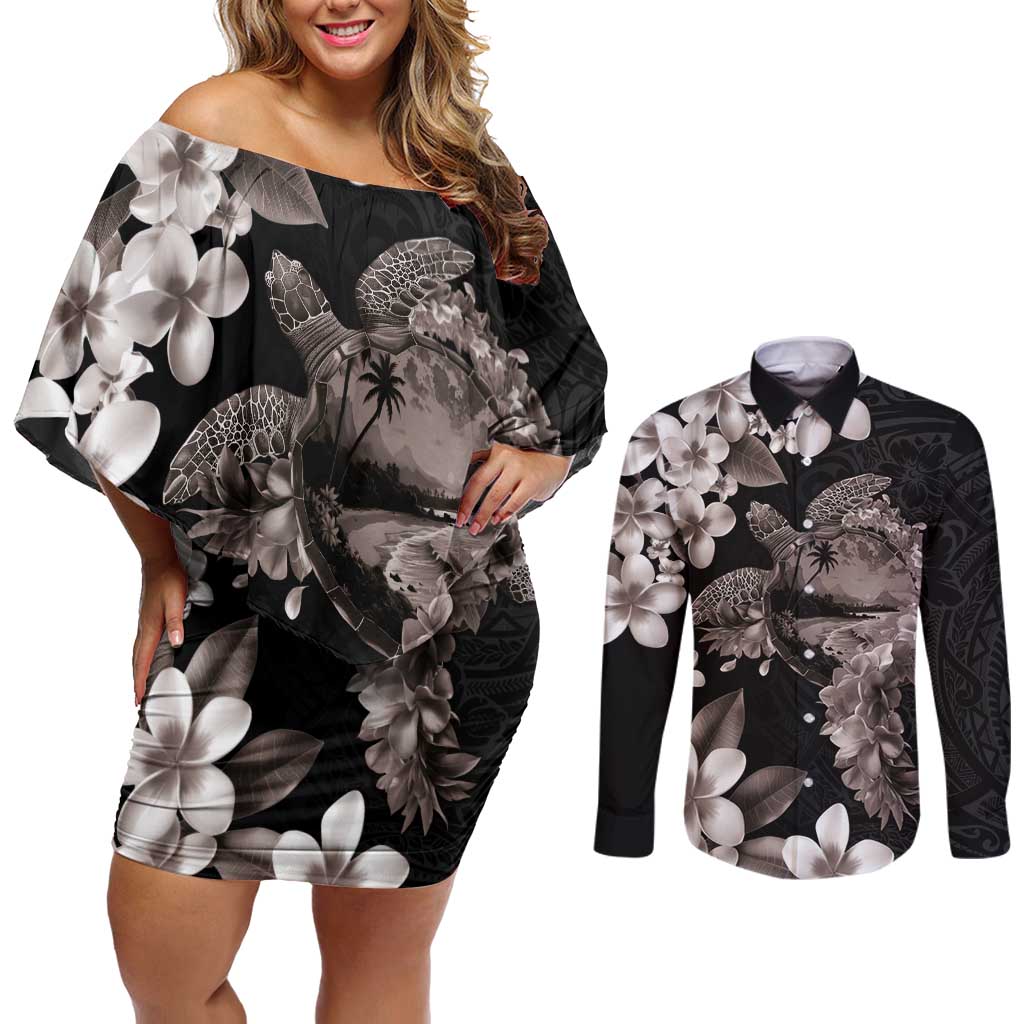 Hawaiian Lei Day Couples Matching Off Shoulder Short Dress and Long Sleeve Button Shirt Plumeria and Turtle with Polynesian Tribal Pattern Grayscale Color LT03 Black - Polynesian Pride