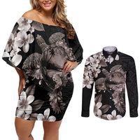 Hawaiian Lei Day Couples Matching Off Shoulder Short Dress and Long Sleeve Button Shirt Plumeria and Turtle with Polynesian Tribal Pattern Grayscale Color LT03 Black - Polynesian Pride