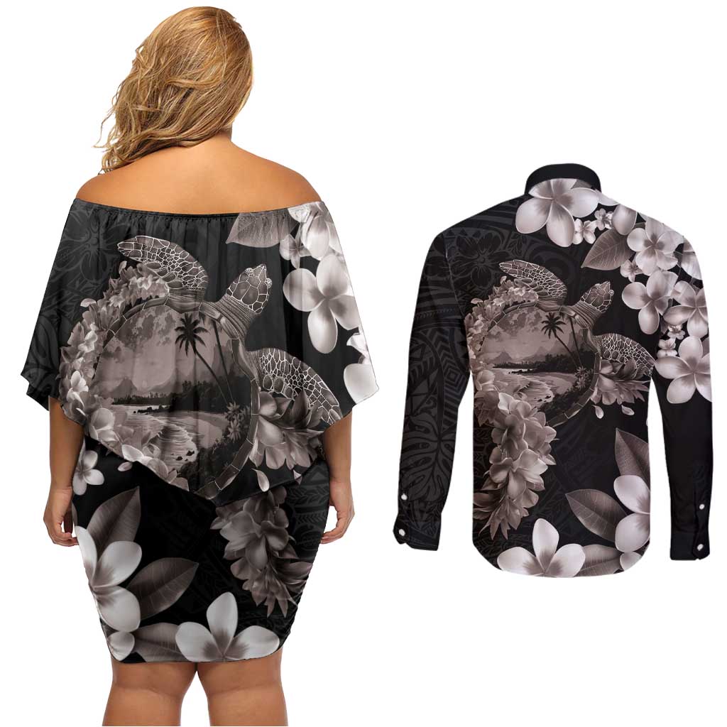 Hawaiian Lei Day Couples Matching Off Shoulder Short Dress and Long Sleeve Button Shirt Plumeria and Turtle with Polynesian Tribal Pattern Grayscale Color LT03 - Polynesian Pride