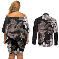Hawaiian Lei Day Couples Matching Off Shoulder Short Dress and Long Sleeve Button Shirt Plumeria and Turtle with Polynesian Tribal Pattern Grayscale Color LT03 - Polynesian Pride