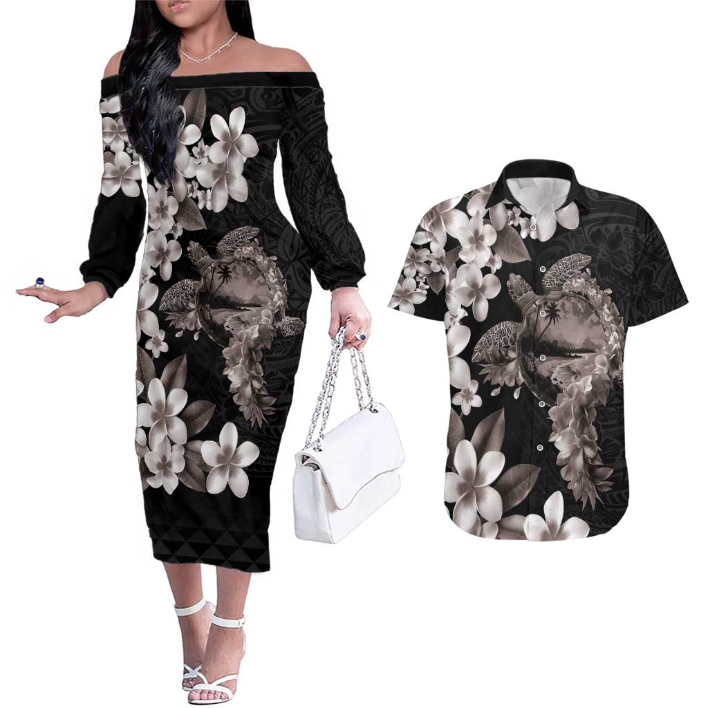 Hawaiian Lei Day Couples Matching Off The Shoulder Long Sleeve Dress and Hawaiian Shirt Plumeria and Turtle with Polynesian Tribal Pattern Grayscale Color LT03 Black - Polynesian Pride