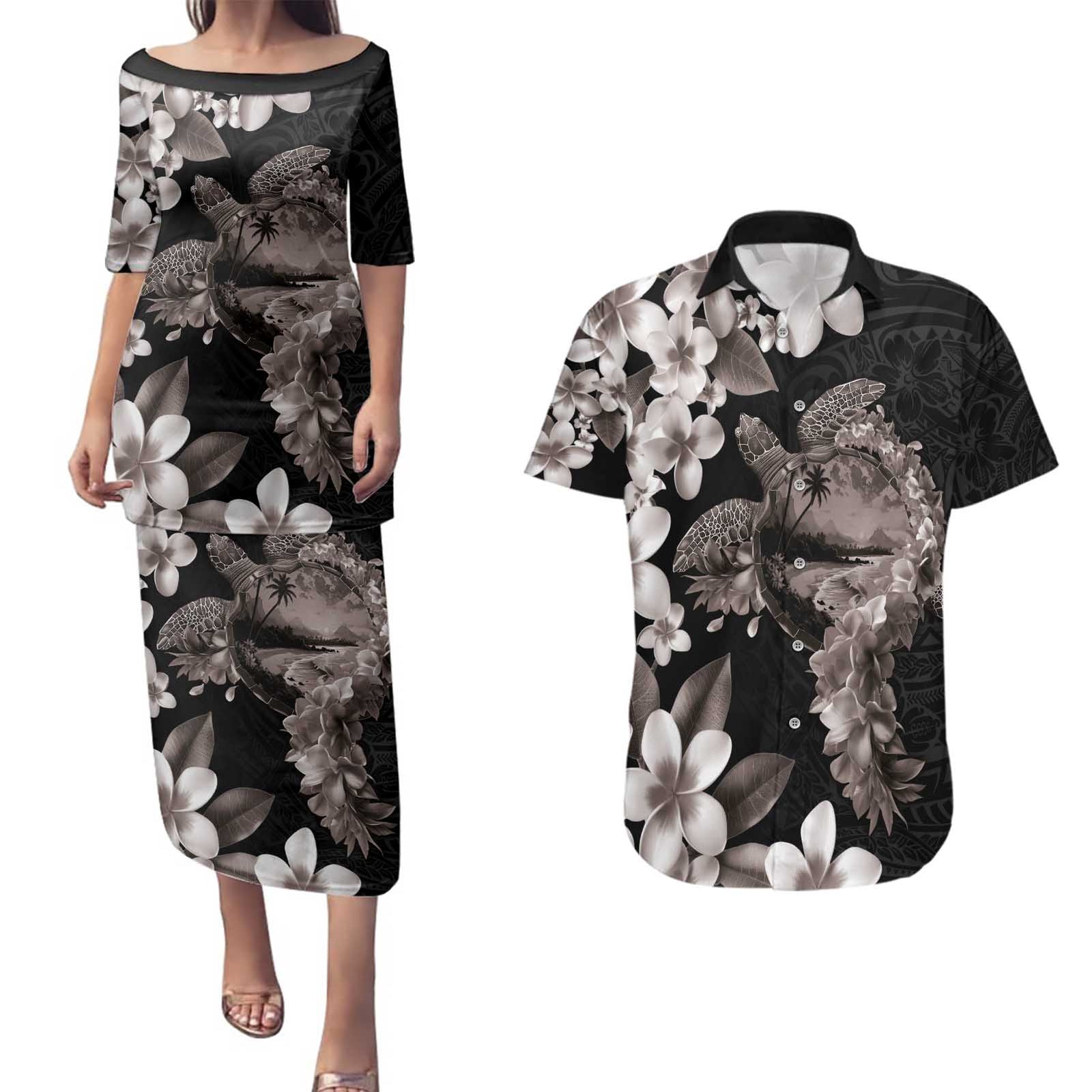 Hawaiian Lei Day Couples Matching Puletasi and Hawaiian Shirt Plumeria and Turtle with Polynesian Tribal Pattern Grayscale Color LT03 Black - Polynesian Pride