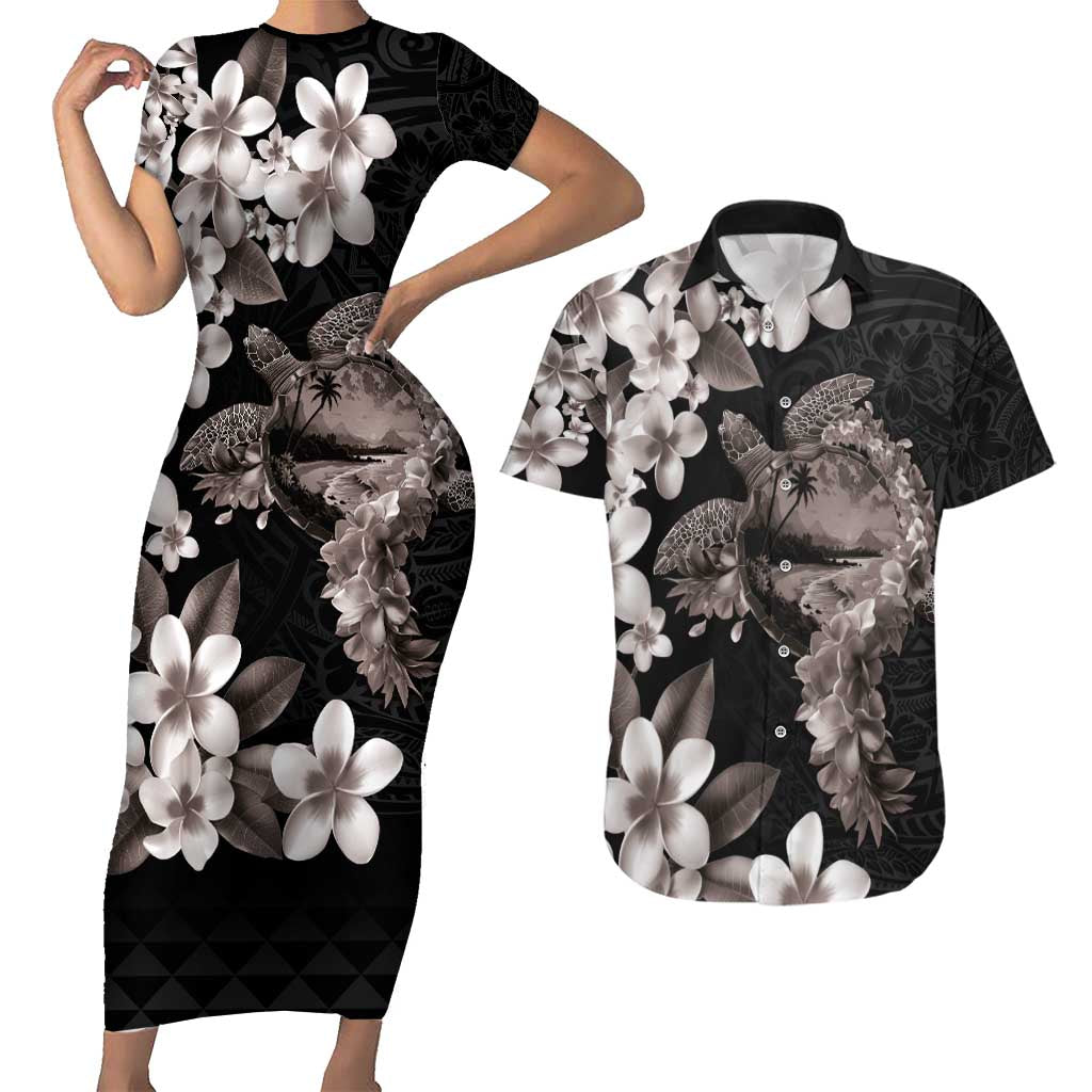 Hawaiian Lei Day Couples Matching Short Sleeve Bodycon Dress and Hawaiian Shirt Plumeria and Turtle with Polynesian Tribal Pattern Grayscale Color LT03 Black - Polynesian Pride