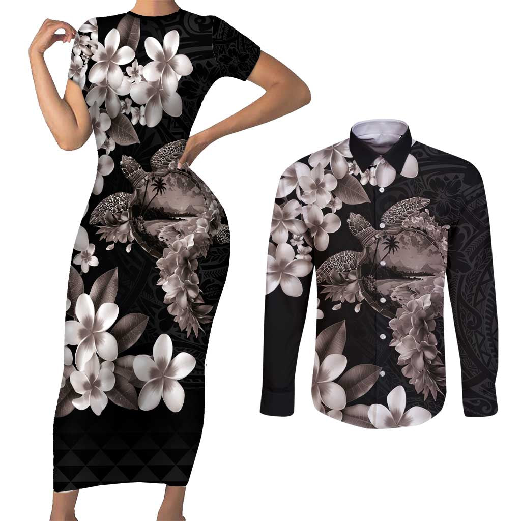Hawaiian Lei Day Couples Matching Short Sleeve Bodycon Dress and Long Sleeve Button Shirt Plumeria and Turtle with Polynesian Tribal Pattern Grayscale Color LT03 Black - Polynesian Pride