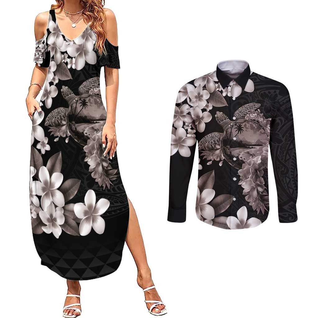 Hawaiian Lei Day Couples Matching Summer Maxi Dress and Long Sleeve Button Shirt Plumeria and Turtle with Polynesian Tribal Pattern Grayscale Color LT03 Black - Polynesian Pride