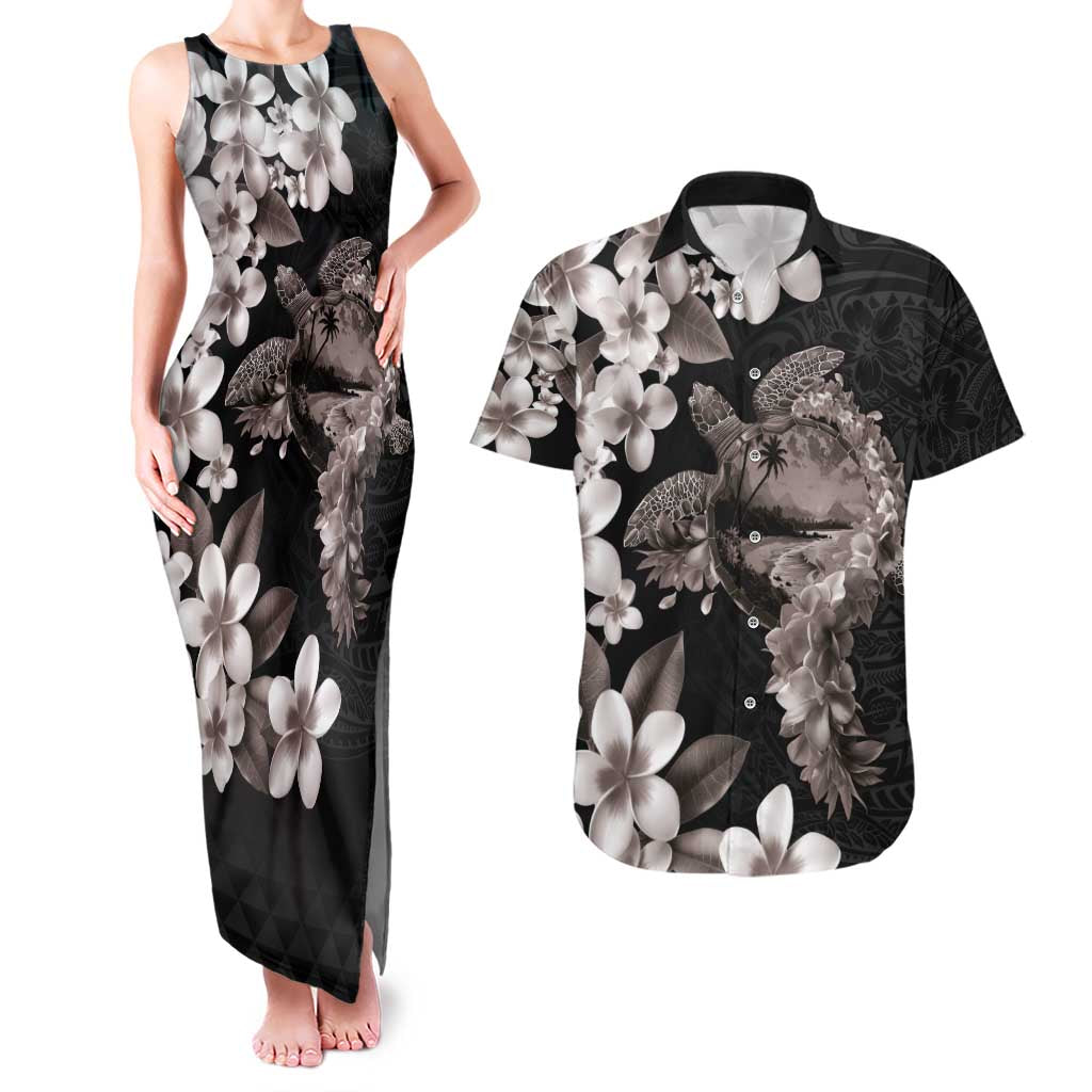 Hawaiian Lei Day Couples Matching Tank Maxi Dress and Hawaiian Shirt Plumeria and Turtle with Polynesian Tribal Pattern Grayscale Color LT03 Black - Polynesian Pride