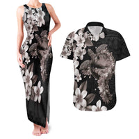 Hawaiian Lei Day Couples Matching Tank Maxi Dress and Hawaiian Shirt Plumeria and Turtle with Polynesian Tribal Pattern Grayscale Color
