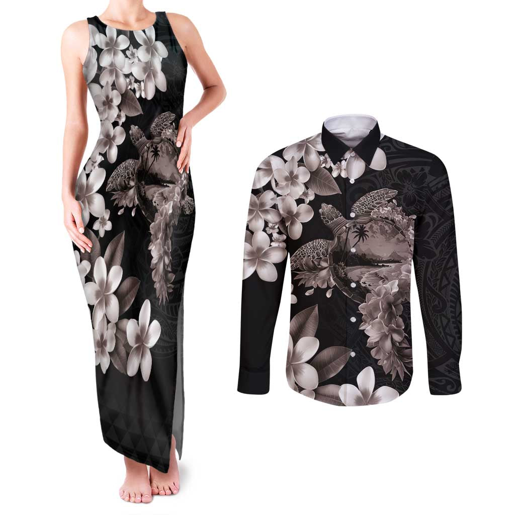 Hawaiian Lei Day Couples Matching Tank Maxi Dress and Long Sleeve Button Shirt Plumeria and Turtle with Polynesian Tribal Pattern Grayscale Color LT03 Black - Polynesian Pride