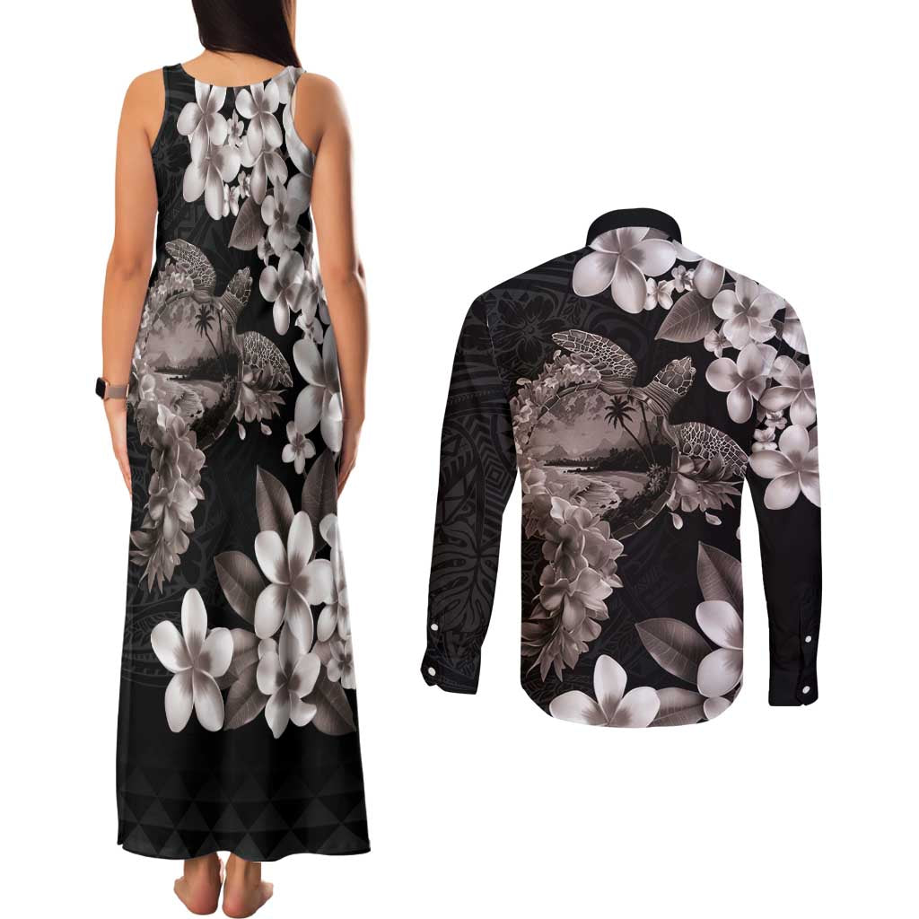 Hawaiian Lei Day Couples Matching Tank Maxi Dress and Long Sleeve Button Shirt Plumeria and Turtle with Polynesian Tribal Pattern Grayscale Color LT03 - Polynesian Pride