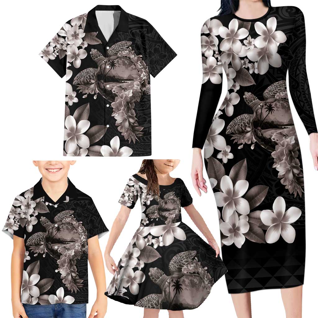 Hawaiian Lei Day Family Matching Long Sleeve Bodycon Dress and Hawaiian Shirt Plumeria and Turtle with Polynesian Tribal Pattern Grayscale Color