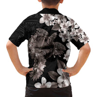 Hawaiian Lei Day Family Matching Off The Shoulder Long Sleeve Dress and Hawaiian Shirt Plumeria and Turtle with Polynesian Tribal Pattern Grayscale Color