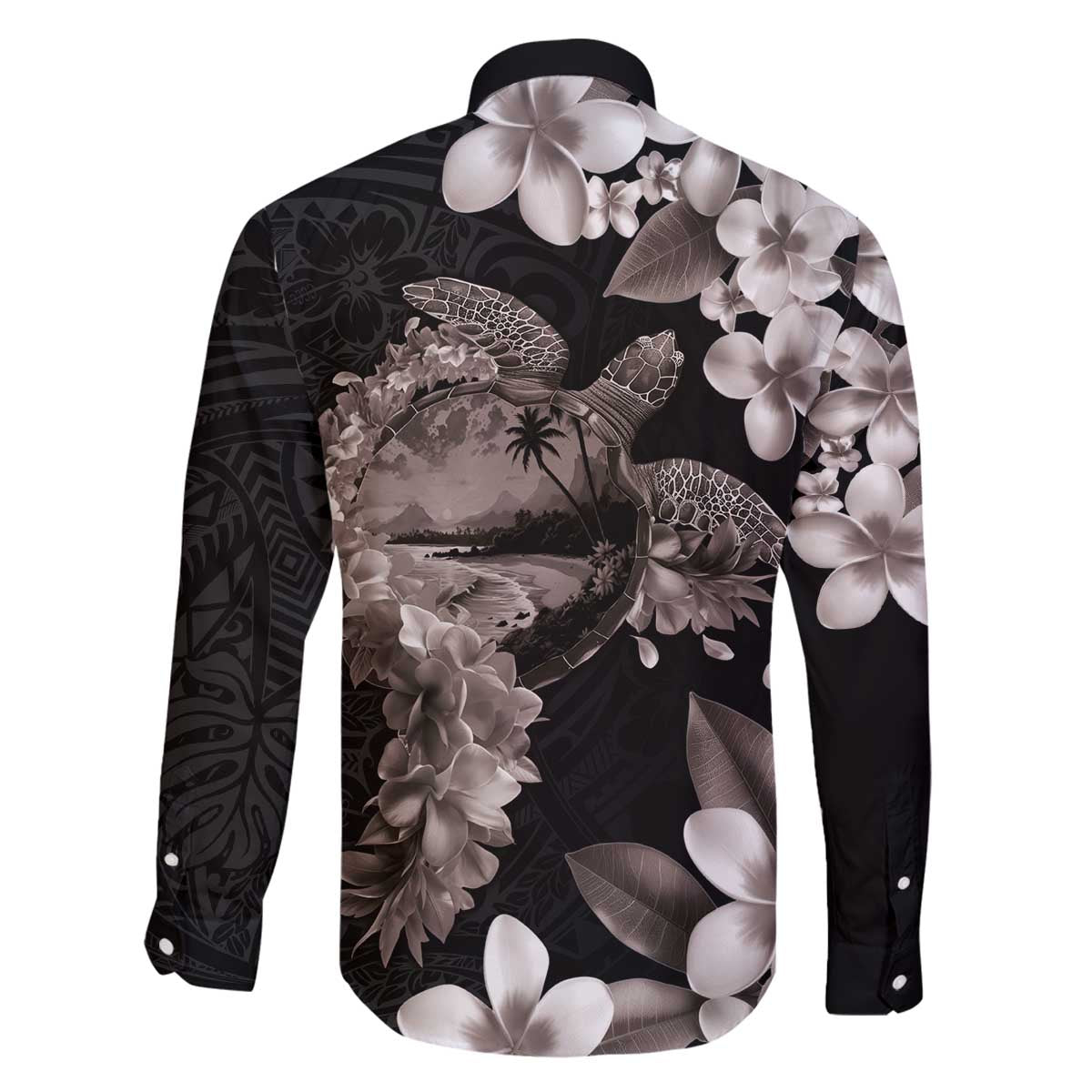 Hawaiian Lei Day Family Matching Off The Shoulder Long Sleeve Dress and Hawaiian Shirt Plumeria and Turtle with Polynesian Tribal Pattern Grayscale Color