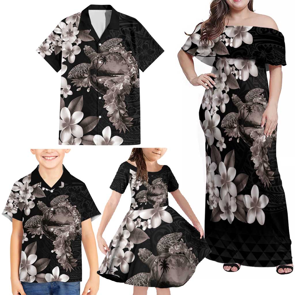 Hawaiian Lei Day Family Matching Off Shoulder Maxi Dress and Hawaiian Shirt Plumeria and Turtle with Polynesian Tribal Pattern Grayscale Color