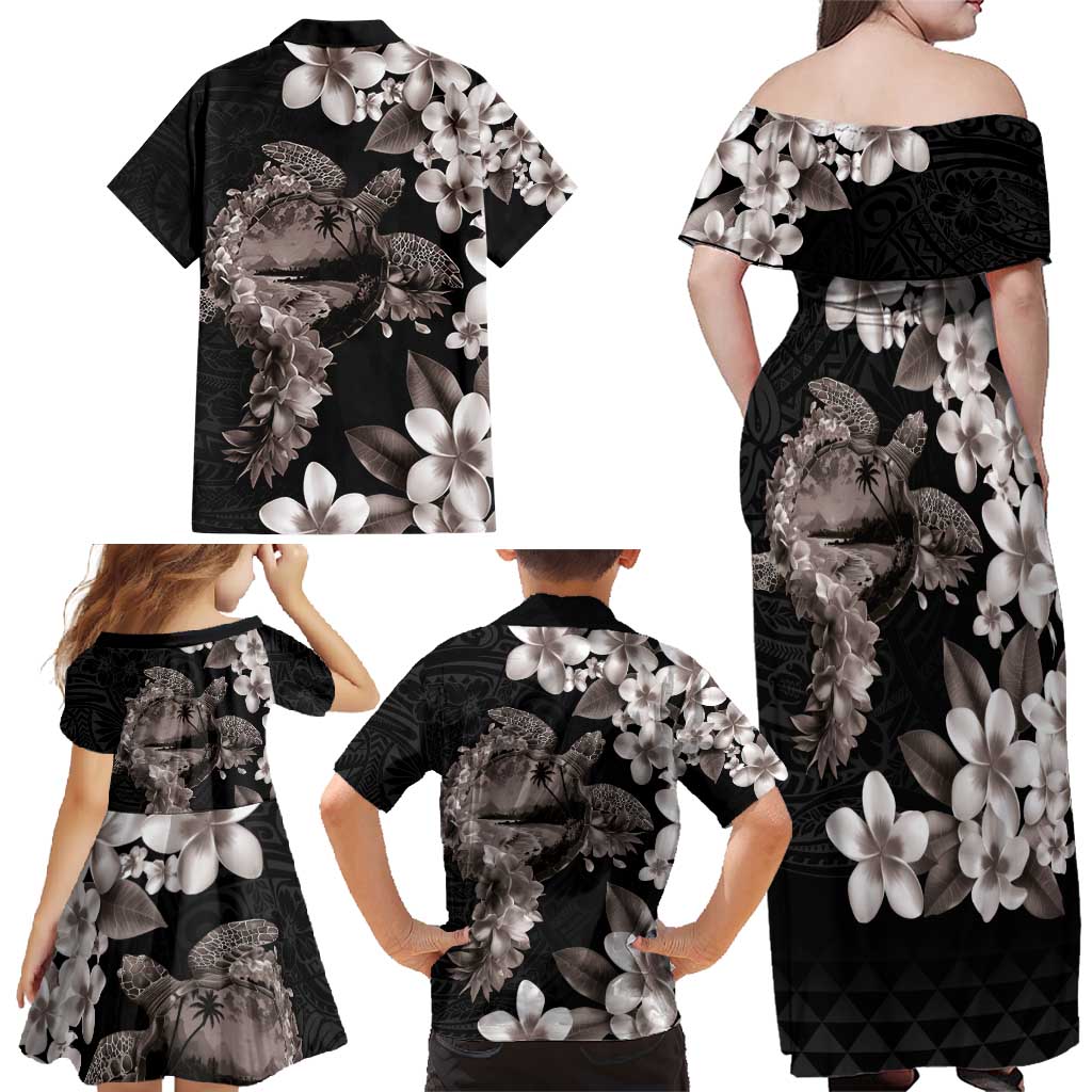 Hawaiian Lei Day Family Matching Off Shoulder Maxi Dress and Hawaiian Shirt Plumeria and Turtle with Polynesian Tribal Pattern Grayscale Color