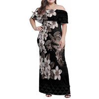 Hawaiian Lei Day Family Matching Off Shoulder Maxi Dress and Hawaiian Shirt Plumeria and Turtle with Polynesian Tribal Pattern Grayscale Color