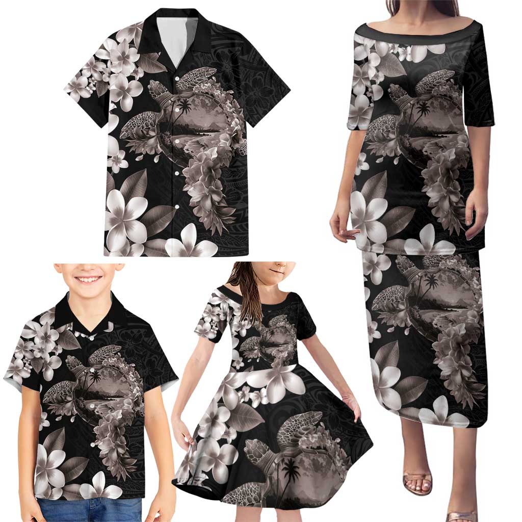 Hawaiian Lei Day Family Matching Puletasi and Hawaiian Shirt Plumeria and Turtle with Polynesian Tribal Pattern Grayscale Color