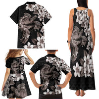 Hawaiian Lei Day Family Matching Tank Maxi Dress and Hawaiian Shirt Plumeria and Turtle with Polynesian Tribal Pattern Grayscale Color
