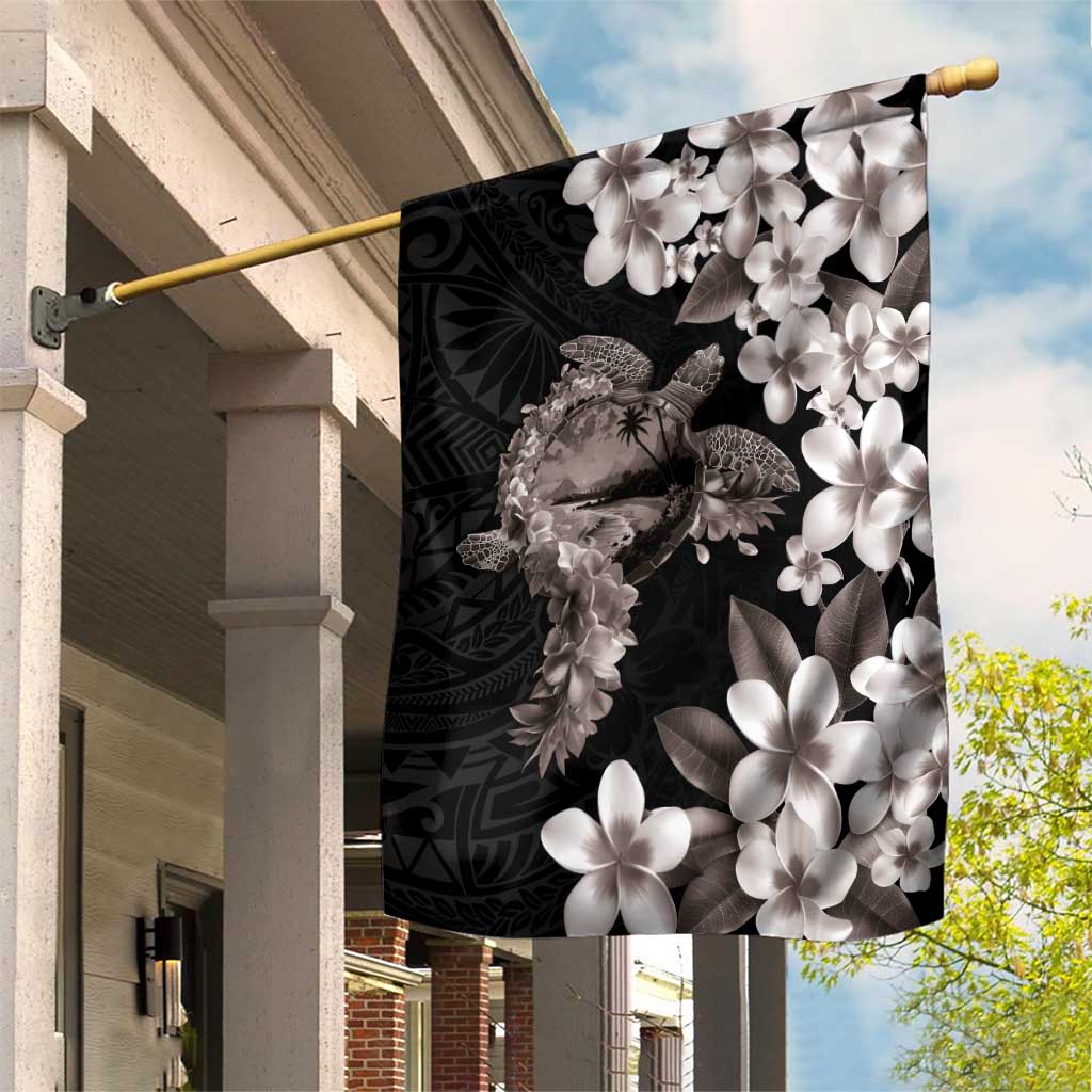 Hawaiian Lei Day Garden Flag Plumeria and Turtle with Polynesian Tribal Pattern Grayscale Color