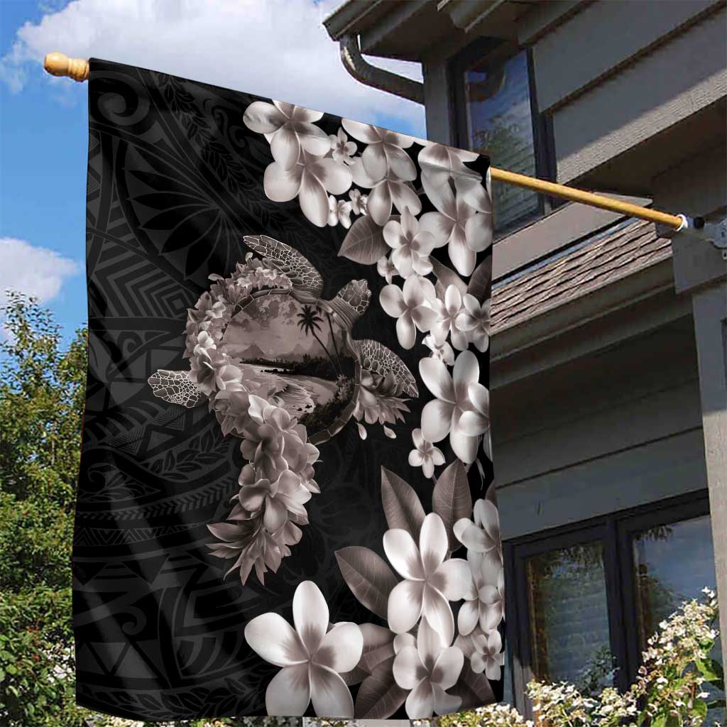 Hawaiian Lei Day Garden Flag Plumeria and Turtle with Polynesian Tribal Pattern Grayscale Color LT03 - Polynesian Pride
