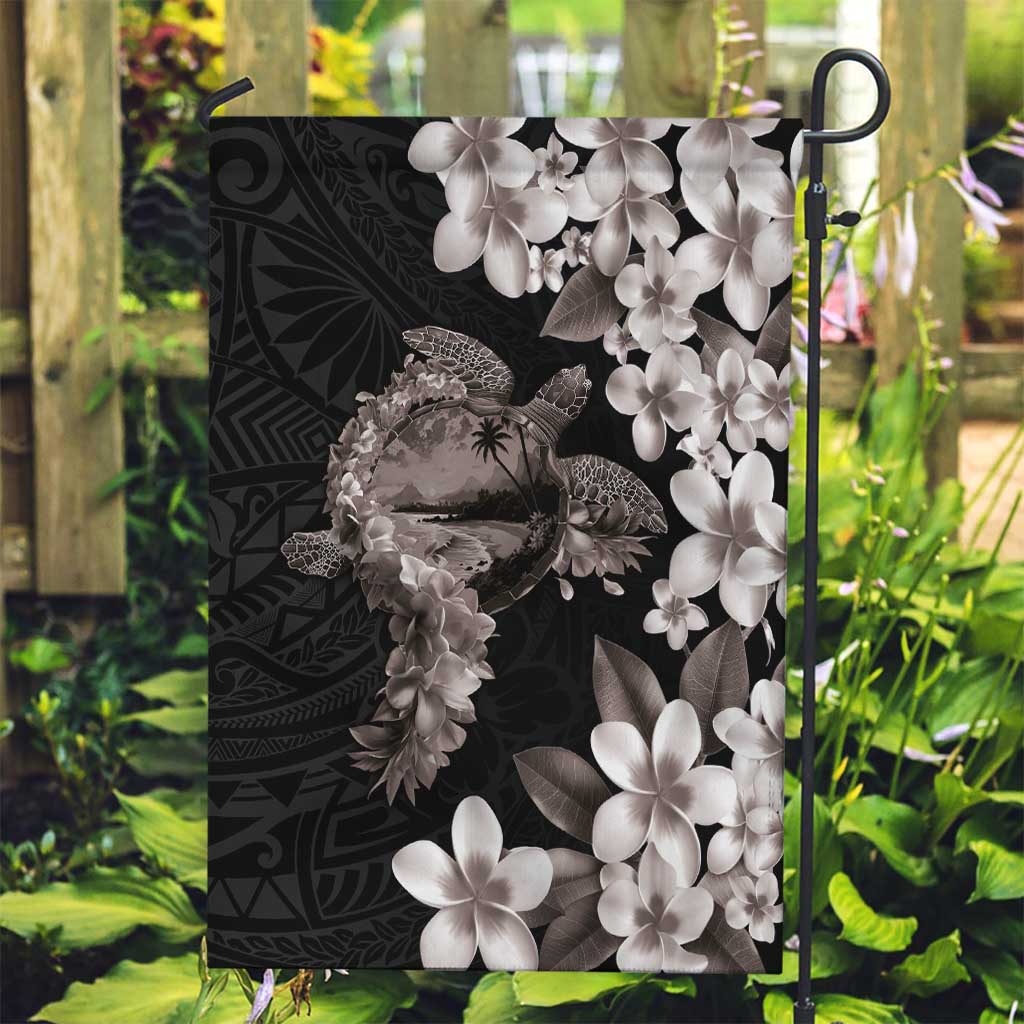 Hawaiian Lei Day Garden Flag Plumeria and Turtle with Polynesian Tribal Pattern Grayscale Color LT03 Garden Flag Black - Polynesian Pride