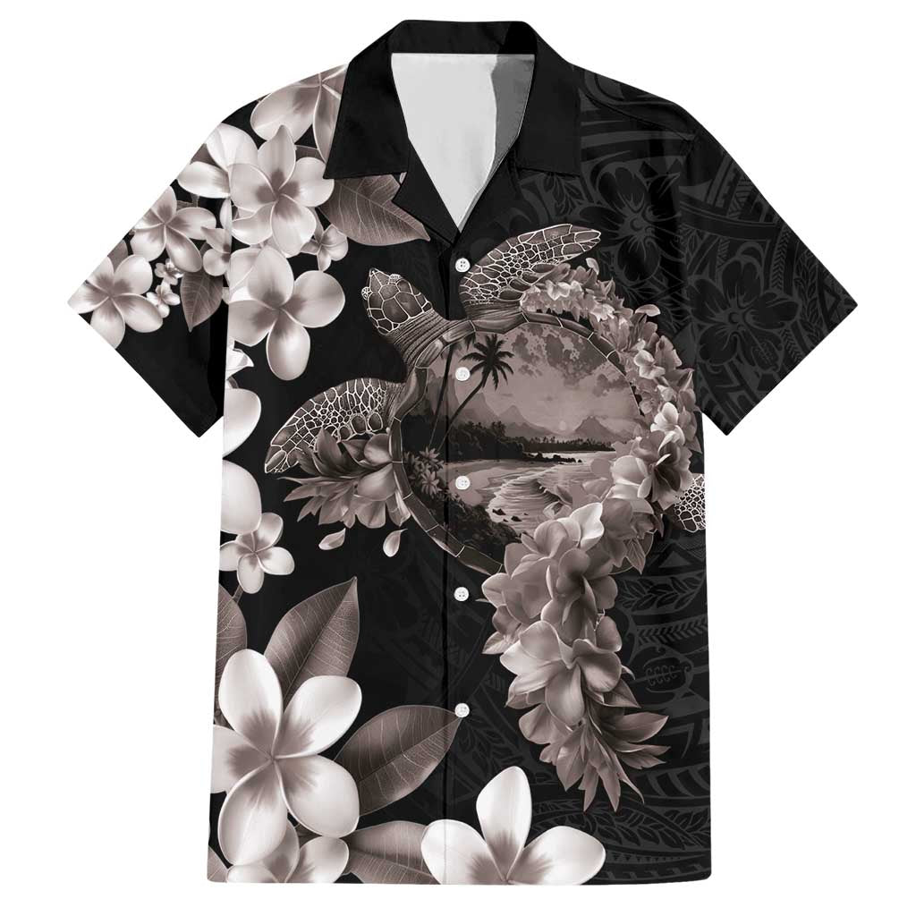 Hawaiian Lei Day Hawaiian Shirt Plumeria and Turtle with Polynesian Tribal Pattern Grayscale Color LT03 Black - Polynesian Pride