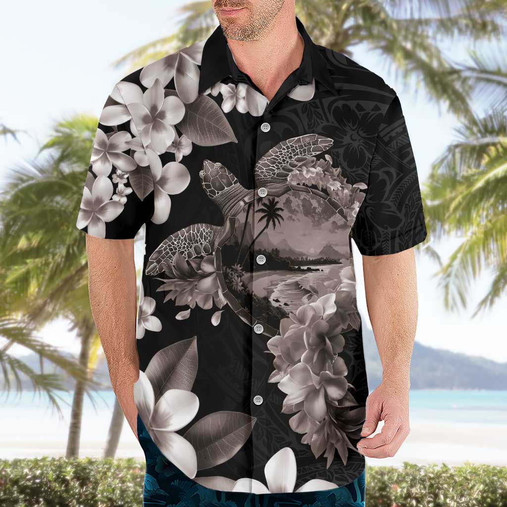 Hawaiian Lei Day Hawaiian Shirt Plumeria and Turtle with Polynesian Tribal Pattern Grayscale Color LT03 - Polynesian Pride