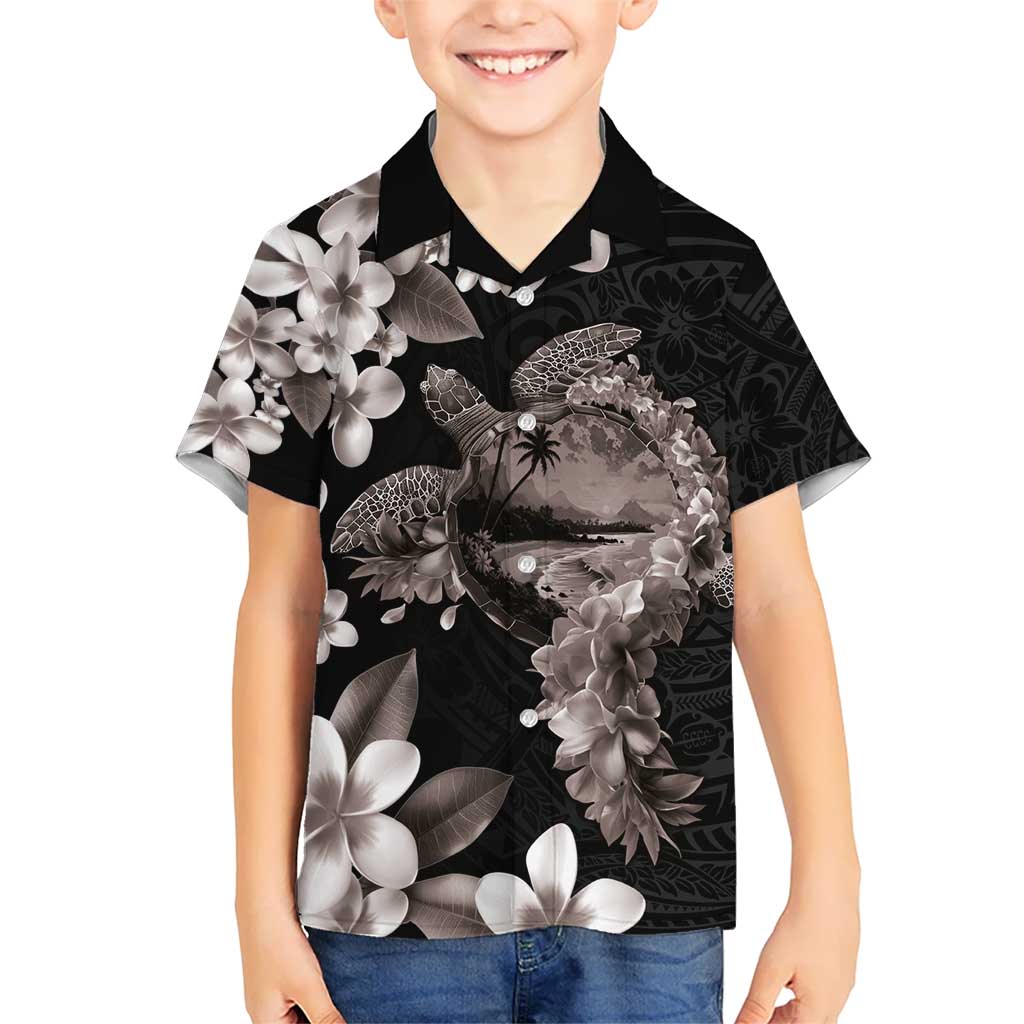 Hawaiian Lei Day Hawaiian Shirt Plumeria and Turtle with Polynesian Tribal Pattern Grayscale Color LT03 - Polynesian Pride