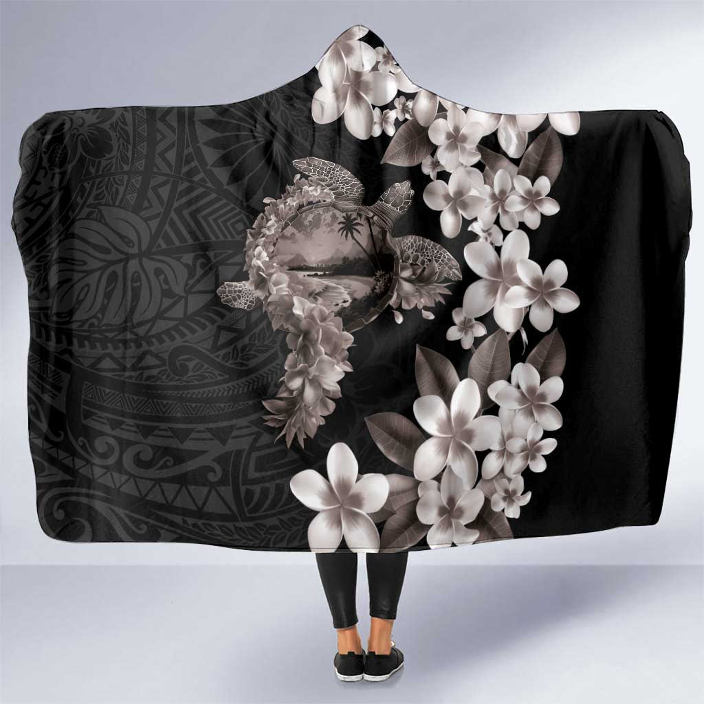 Hawaiian Lei Day Hooded Blanket Plumeria and Turtle with Polynesian Tribal Pattern Grayscale Color LT03 One Size Black - Polynesian Pride