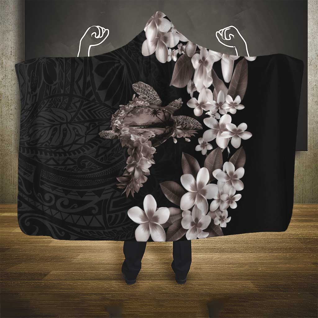 Hawaiian Lei Day Hooded Blanket Plumeria and Turtle with Polynesian Tribal Pattern Grayscale Color LT03 - Polynesian Pride