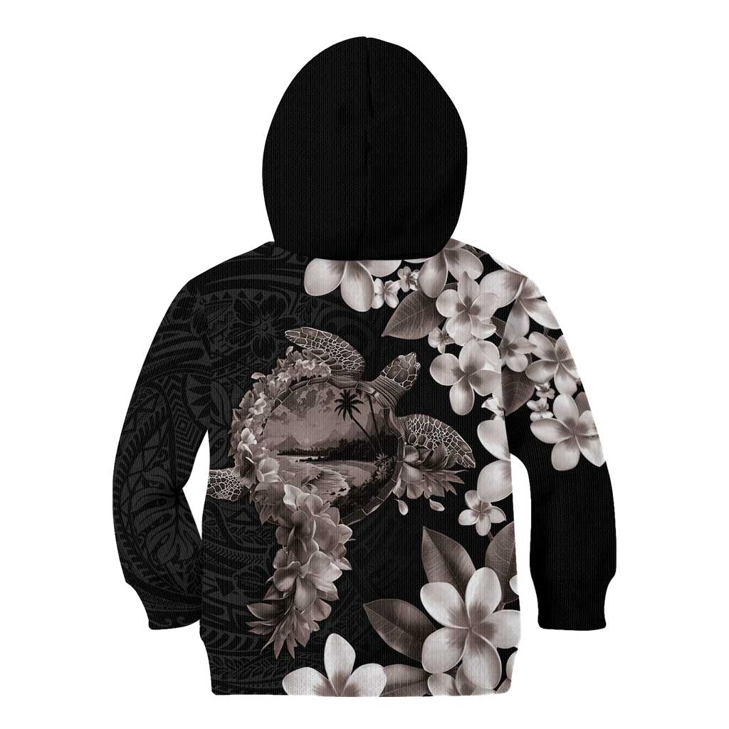 Hawaiian Lei Day Kid Hoodie Plumeria and Turtle with Polynesian Tribal Pattern Grayscale Color