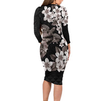 Hawaiian Lei Day Long Sleeve Bodycon Dress Plumeria and Turtle with Polynesian Tribal Pattern Grayscale Color