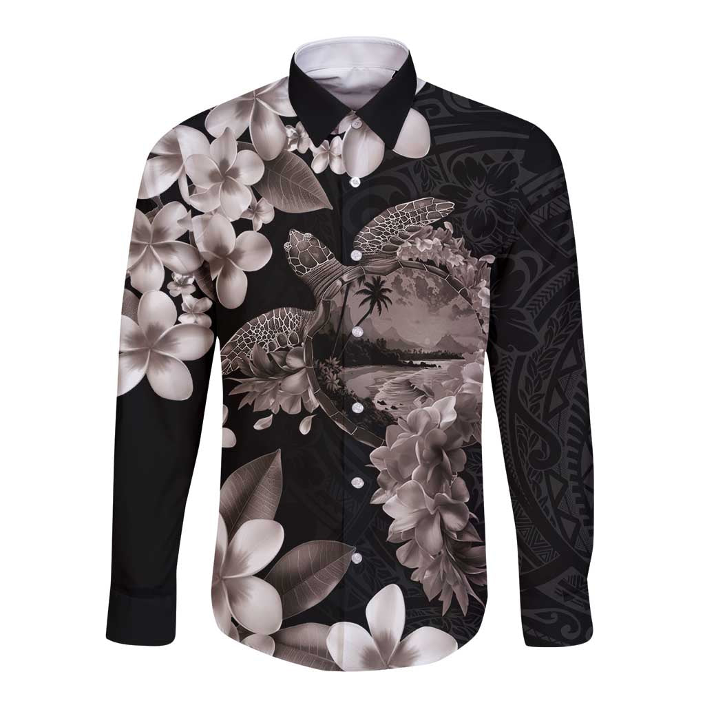 Hawaiian Lei Day Long Sleeve Button Shirt Plumeria and Turtle with Polynesian Tribal Pattern Grayscale Color LT03 Unisex Black - Polynesian Pride