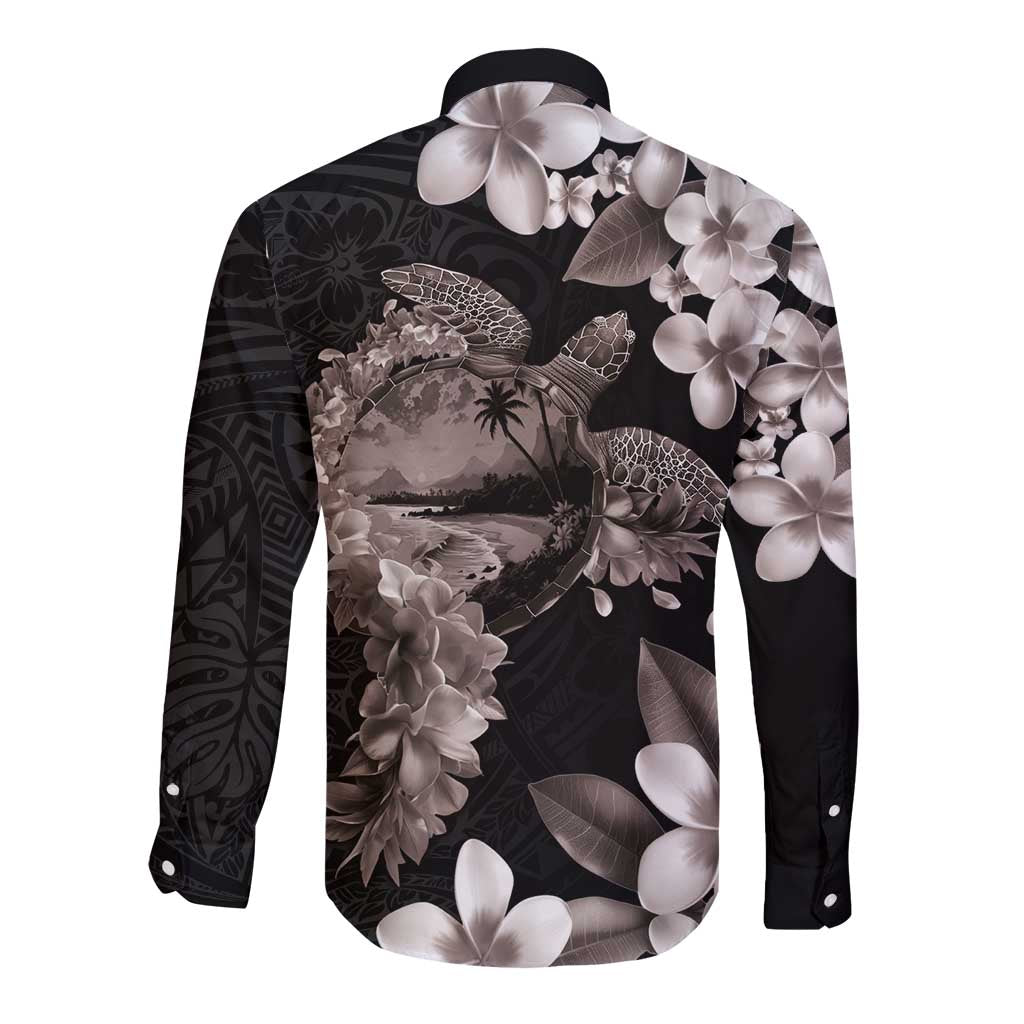 Hawaiian Lei Day Long Sleeve Button Shirt Plumeria and Turtle with Polynesian Tribal Pattern Grayscale Color LT03 - Polynesian Pride