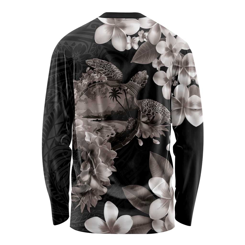 Hawaiian Lei Day Long Sleeve Shirt Plumeria and Turtle with Polynesian Tribal Pattern Grayscale Color LT03 - Polynesian Pride